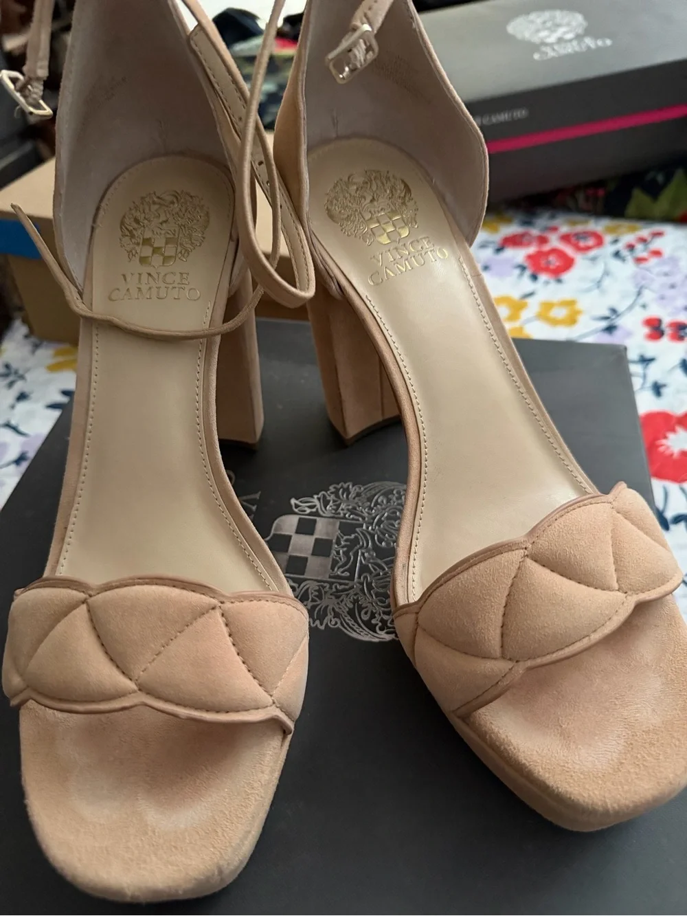 Vince Camuto Quilted Nude Suede Block Heel Sandals